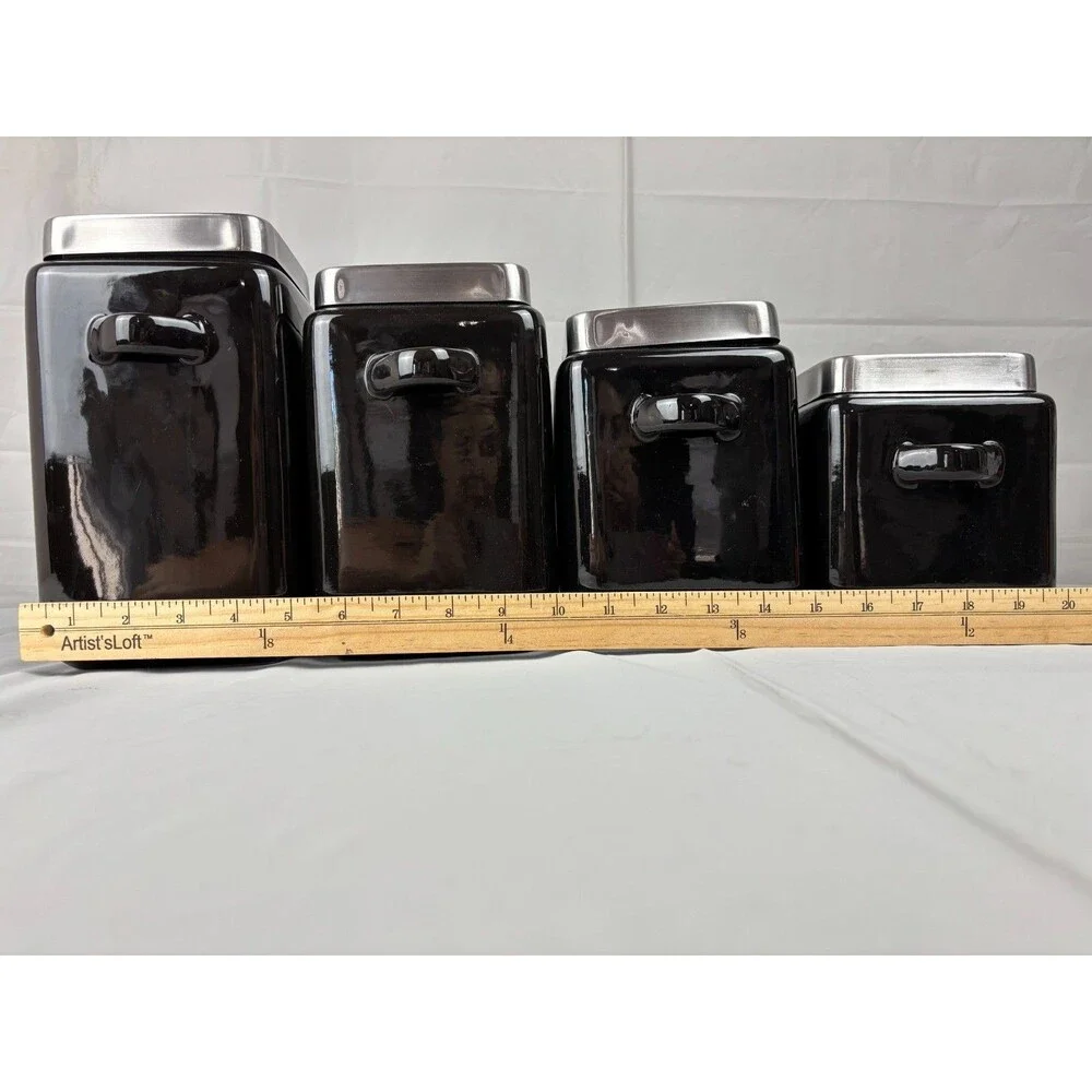 Oggi 4 pc Black Square Ceramic Canister Set w/ Stainless Steel Lids